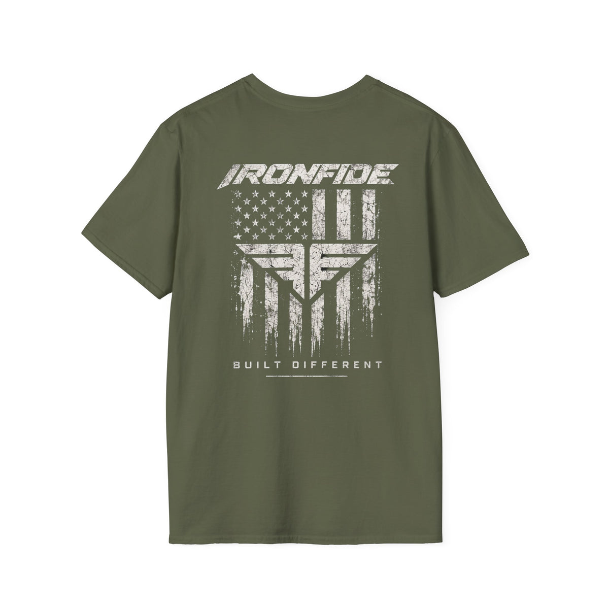 IronFide 'Built Different' T-Shirt — Military Green Graphic Tee with Distressed Flag